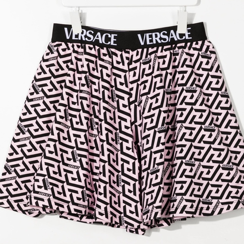 Girls light pink La Greca print Versace shorts